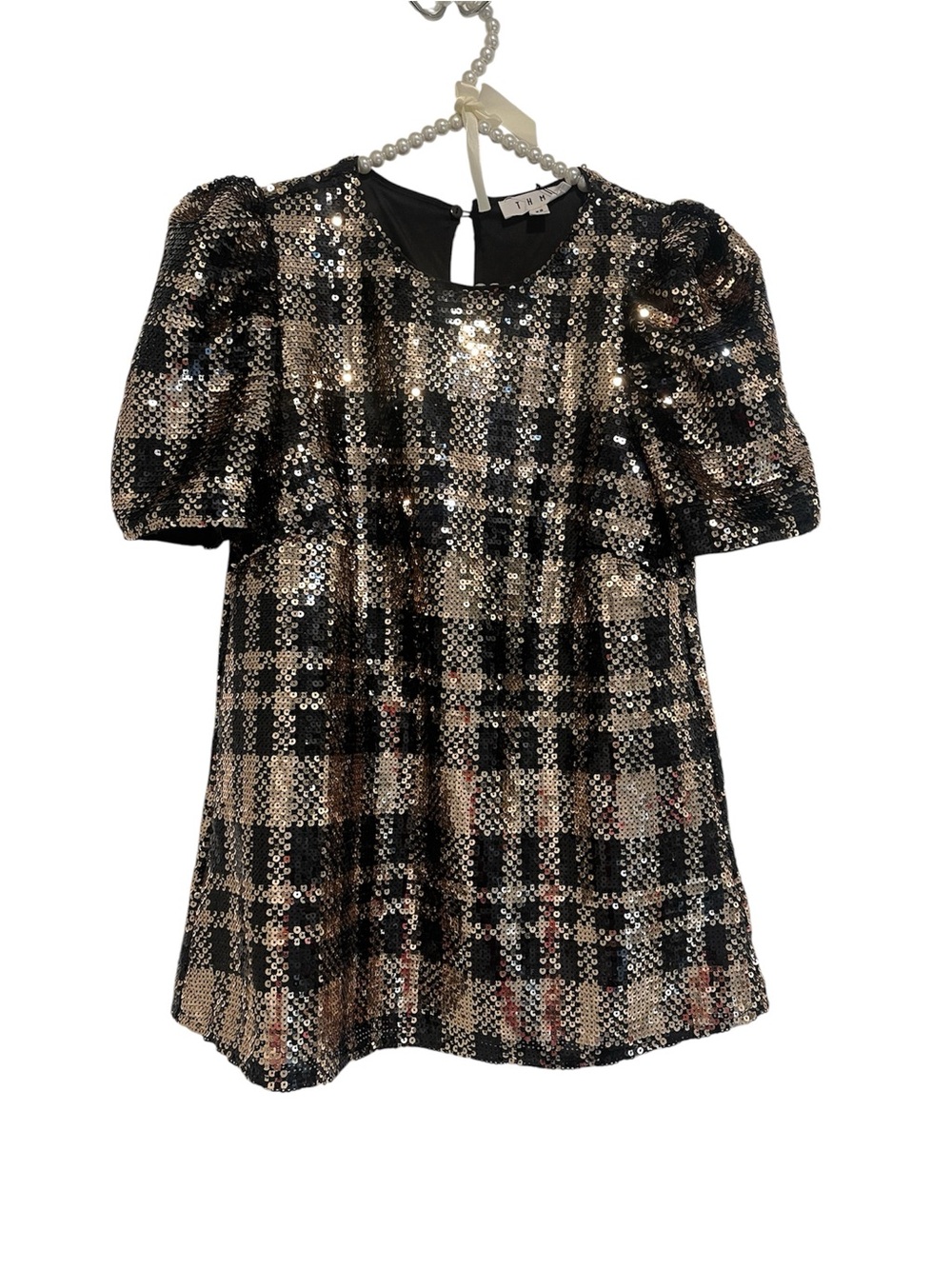 Sequined Plaid Short Sleeve Black & Gold top